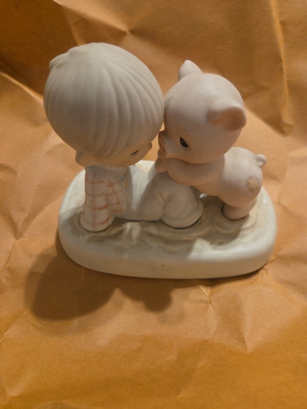 VTG Precious Moments Porcelain Boy and Pig Figurine - Cream and Pink